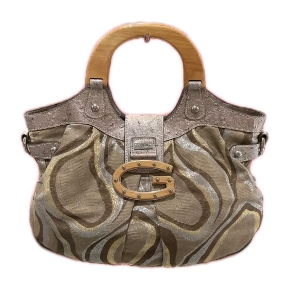 Vtg Guess Samba Metallic Handbag Large Hobo Purse & Strap Retro Wood Handle